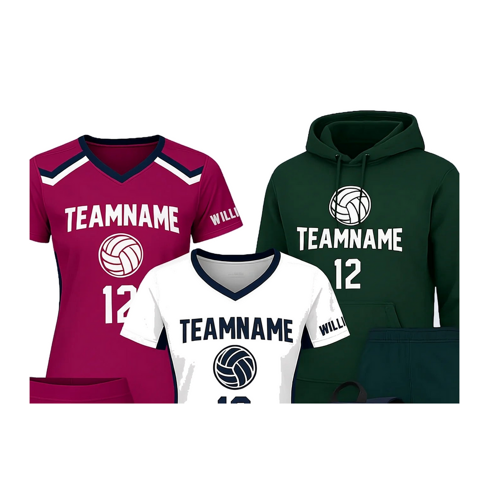 Custom VolleyBall Team Package - VBT1 close-up of primary volleyball jerseys, team name, and package details