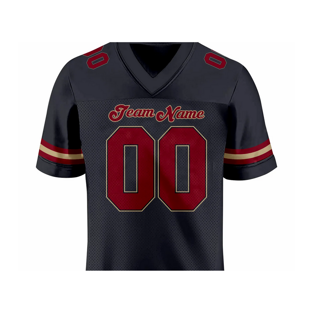 Versus Sportz Custom Football Jersey FB1 close-up showing collar, lettering, fabric, and design detail