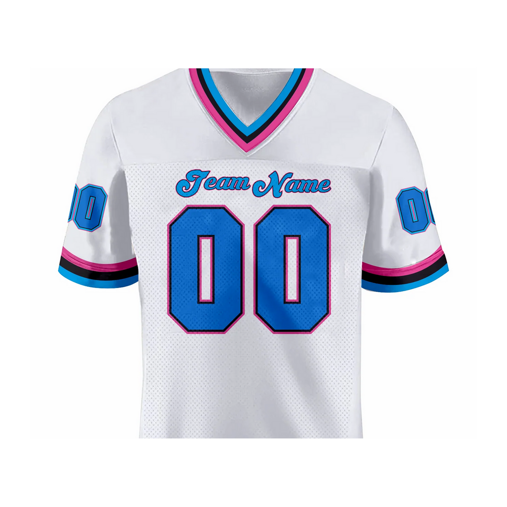 Versus Sportz Custom Football Jersey FB4 close-up showing collar, lettering, fabric, and design detail