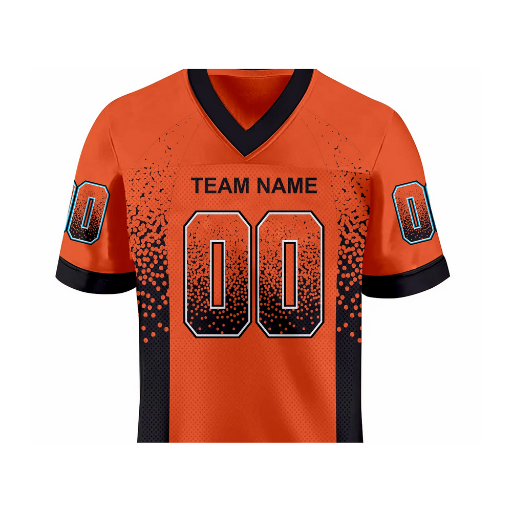 Versus Sportz Custom Football Jersey FB5 close-up showing collar, lettering, fabric, and design detail