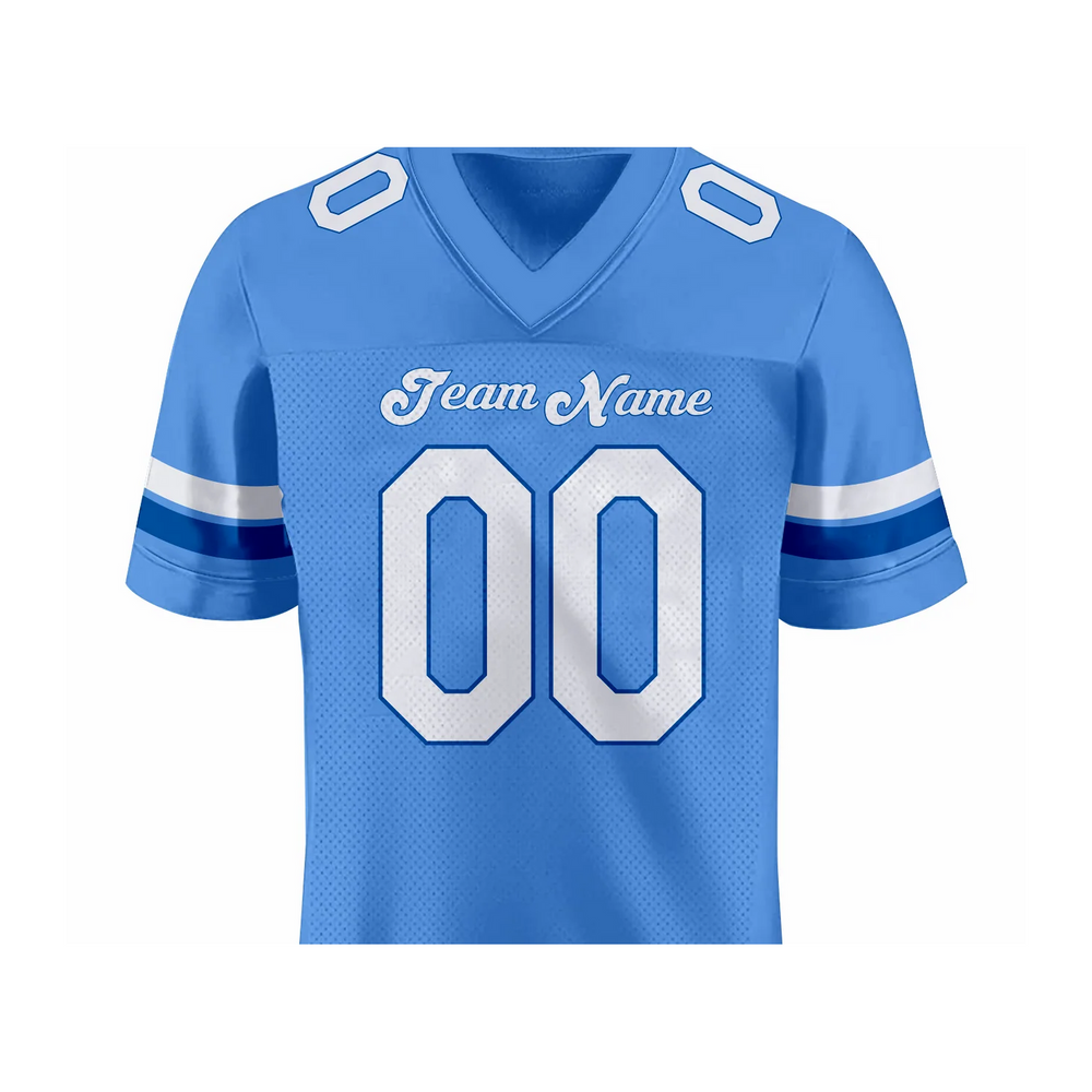 Versus Sportz Custom Football Jersey FB6 close-up showing collar, lettering, fabric, and design detail
