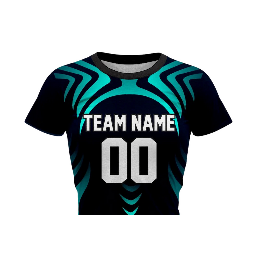 Versus Sportz Custom Volleyball Jersey - VB5 close-up showing collar, team name, number, and fabric detail