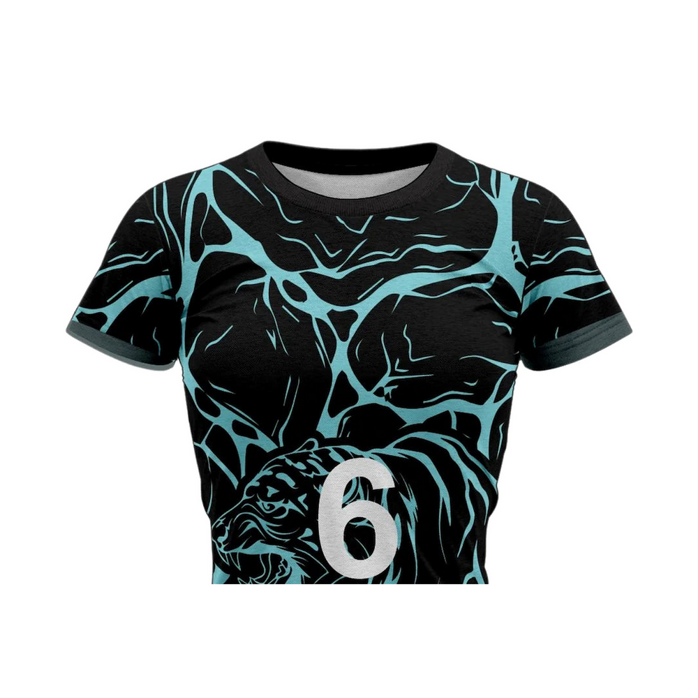 Versus Sportz Custom Volleyball Jersey - VB8 close-up showing collar, team name, number, and fabric detail